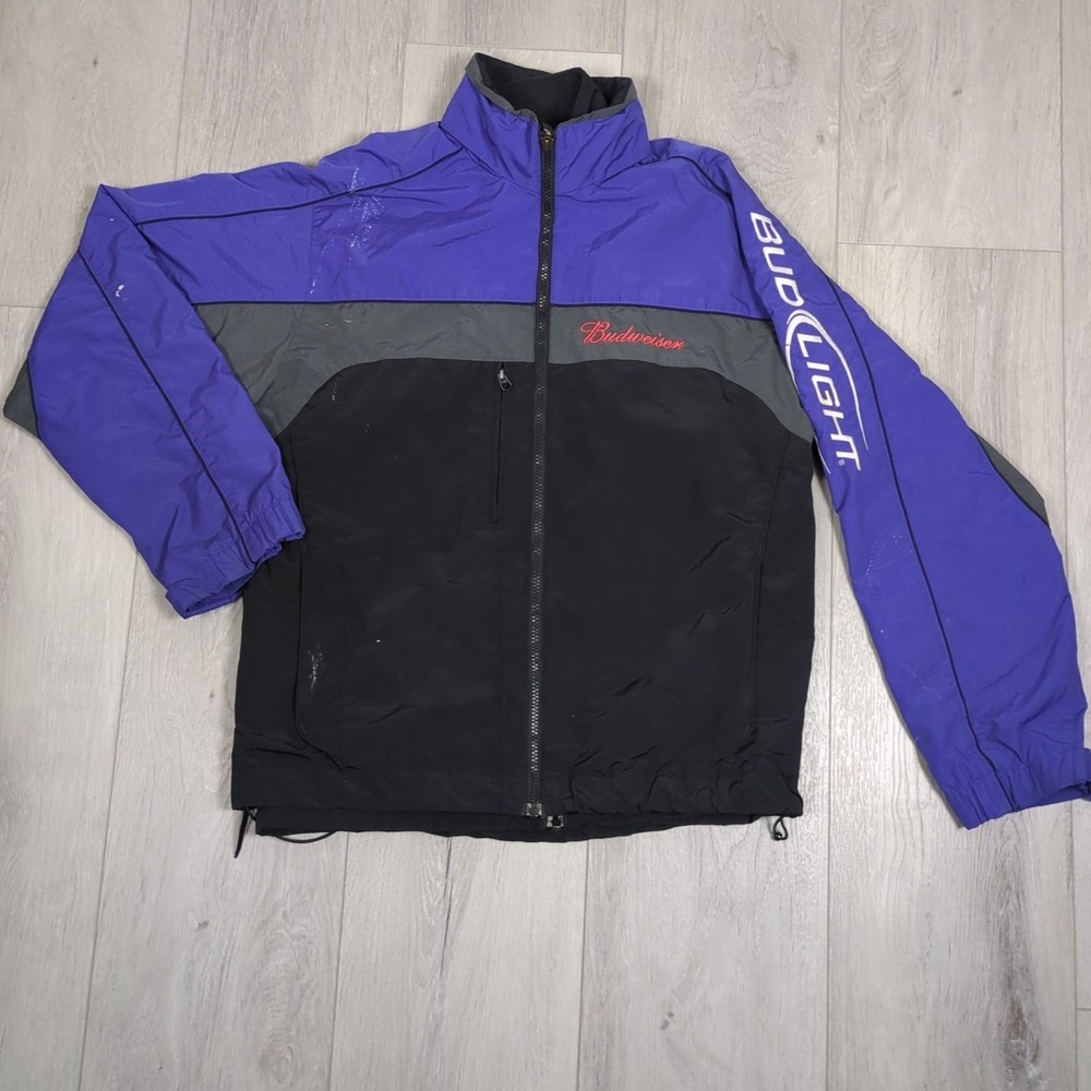 Budweiser Bomber Jacket Vest Mens Medium Blue Black Gray Color Block Swingster
